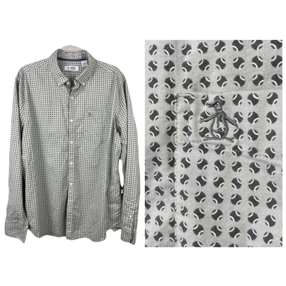 Original Penguin Mens XL Long Sleeve Button Down Geometric Shirt Green Tennis